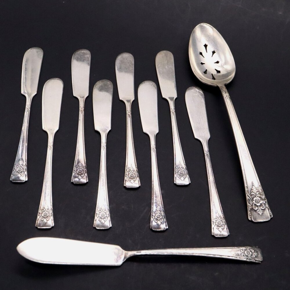 WM‎ Rogers Mountain Rose Silverplate Flatware 8 Butter 1 Master 1 Slotted Spoon